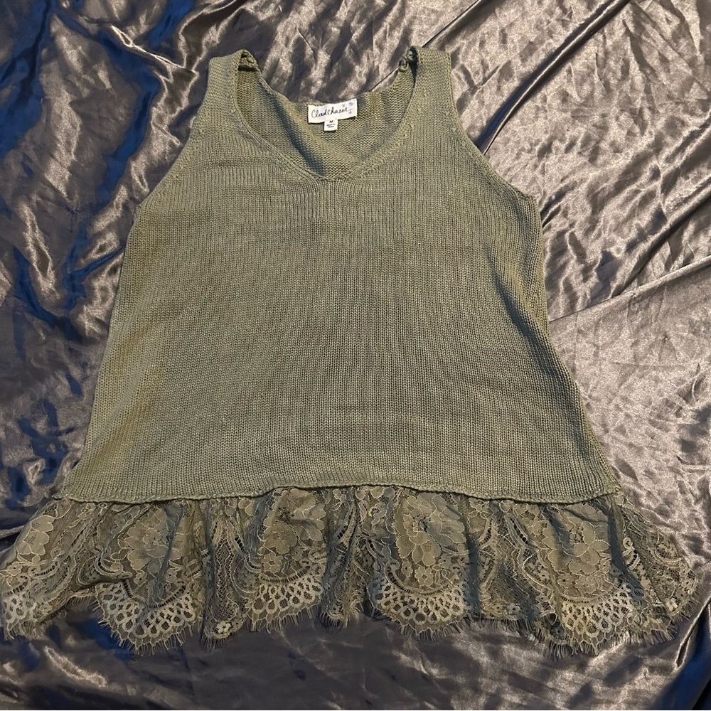 Cloud Chaser Army Green Sleeveless Lace Hem Coquette Cottagecore Sweater Top - Picture 1 of 6
